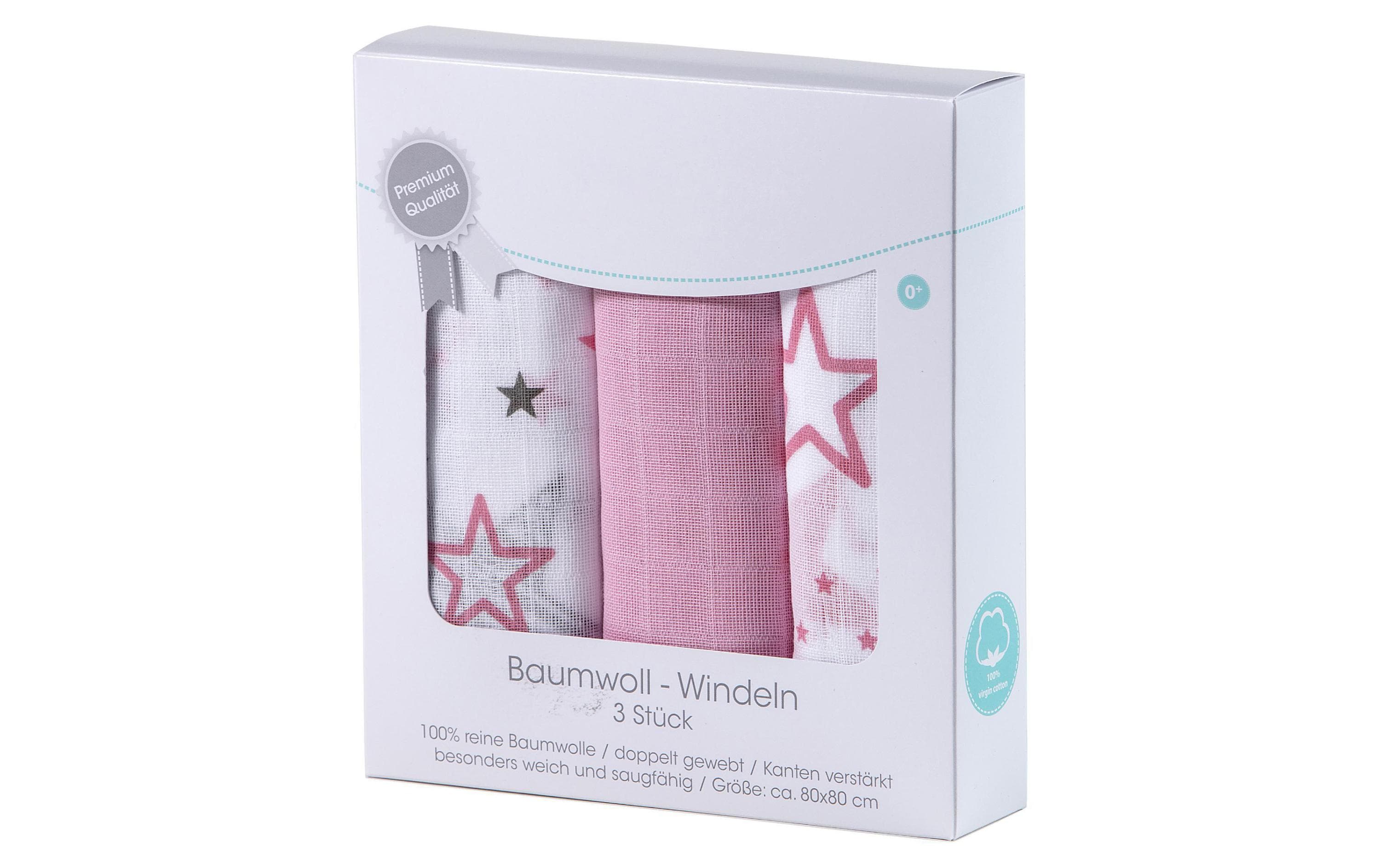 Makian Mulltücher 80x80cm 3er Pack, Rosa & Weiss Sterne