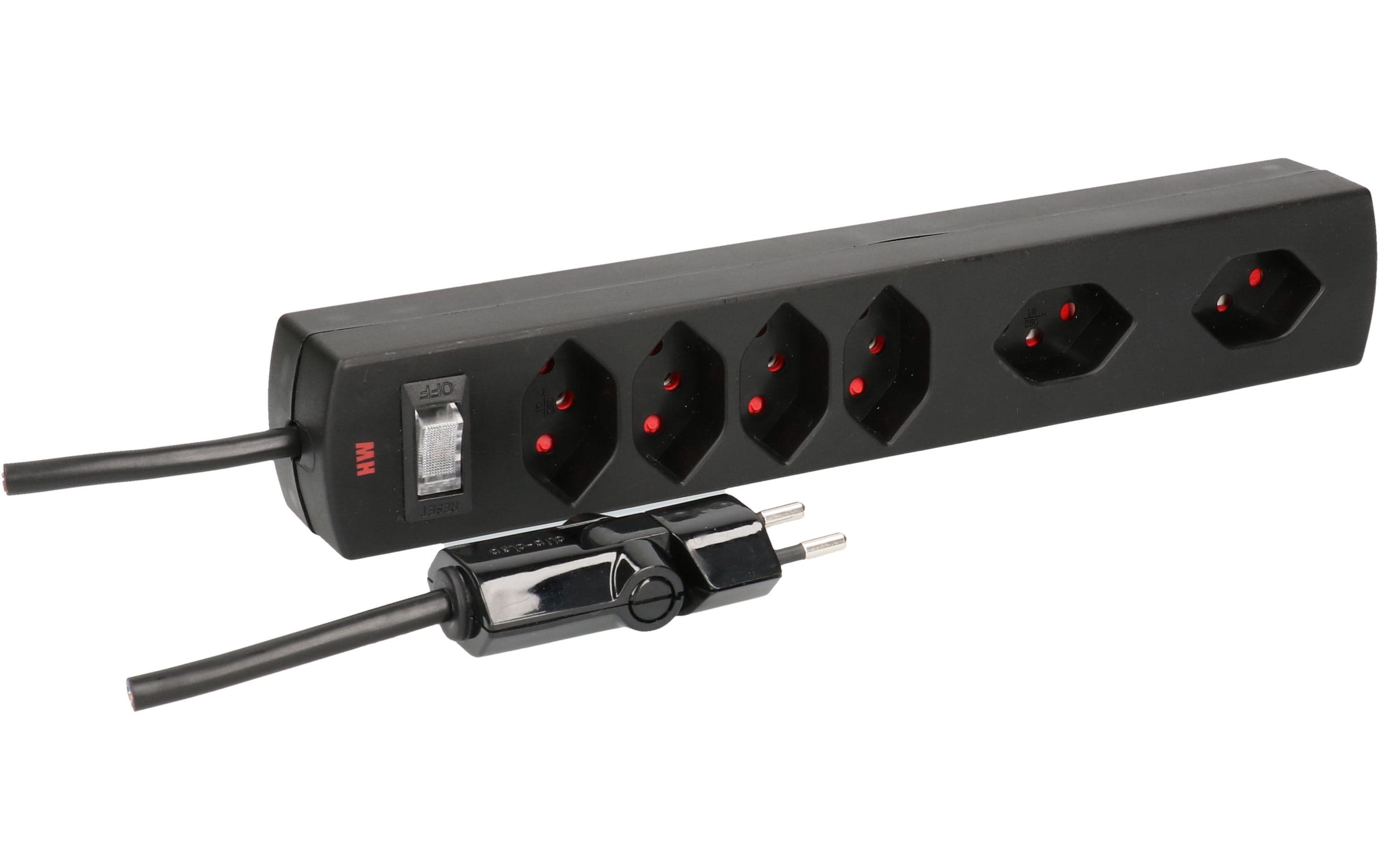 Max Hauri Steckdosenleiste Safety-Line 4xT13 + 2x quer, schwarz, Reset-Schalter