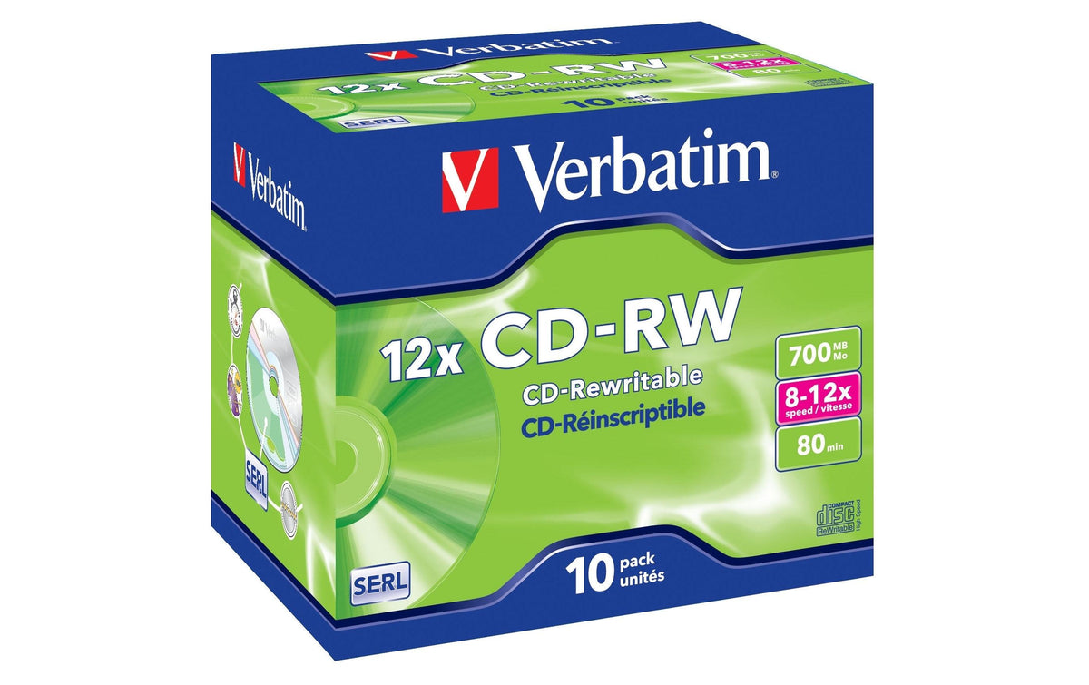 Verbatim CD-RW 12x 700MB/80Min, 10er Pack bis 12-fach, nicht bedruckbar, mit Logo