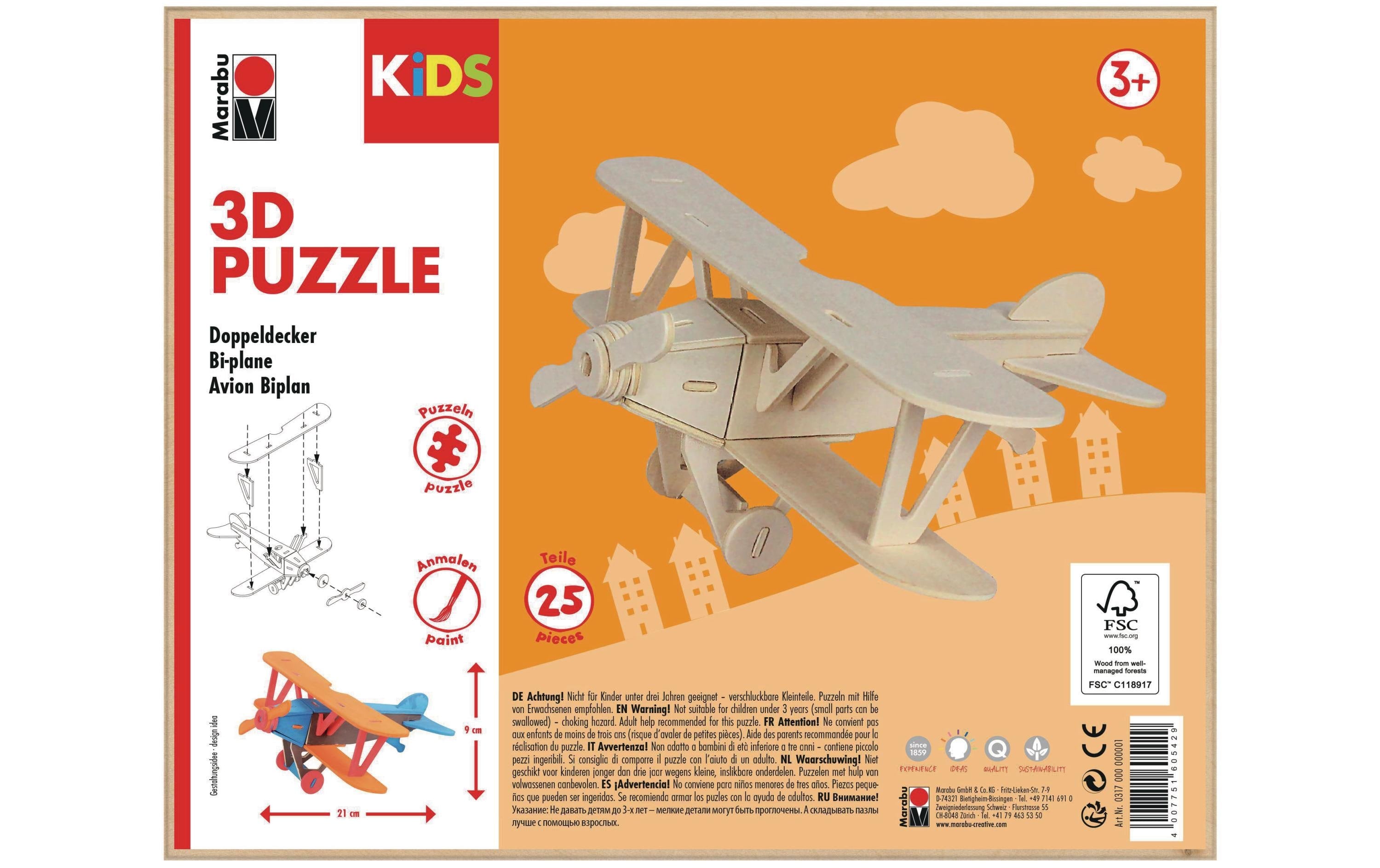 Marabu 3D-Puzzle/Bausatz Doppeldecker, Zum Bemalen