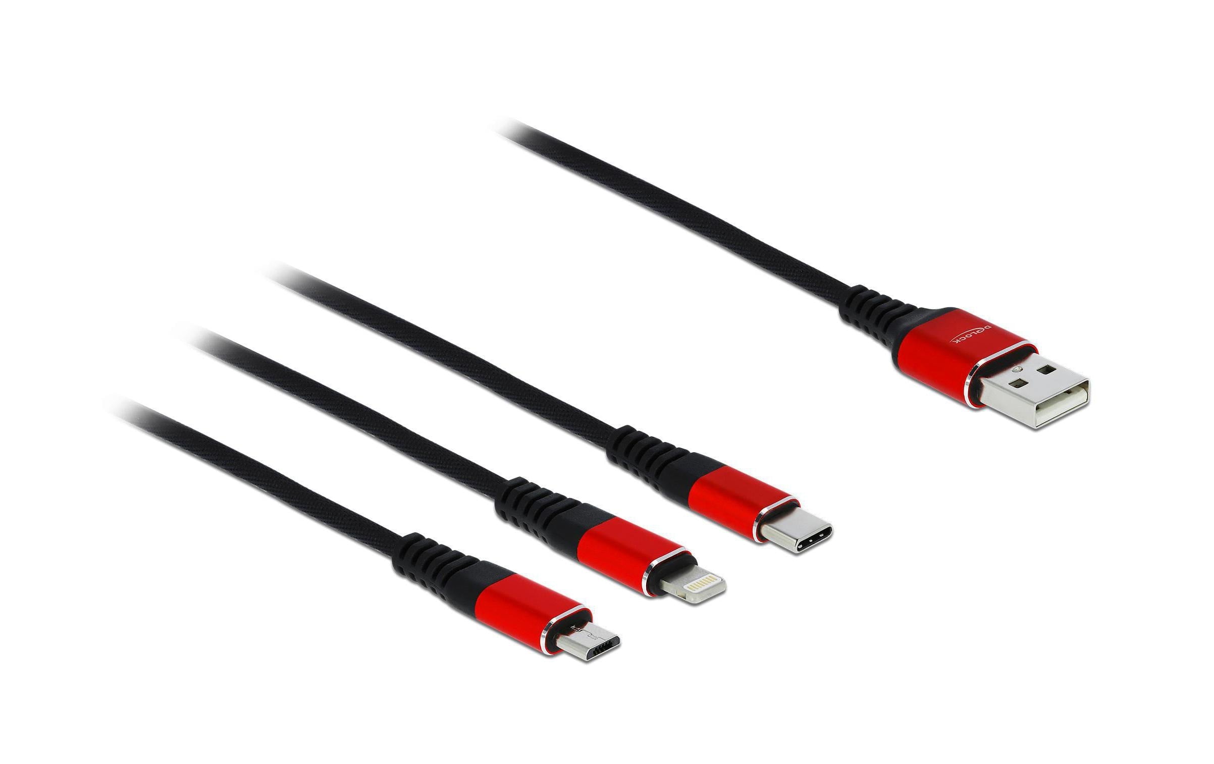 Delock USB2.0-Ladekabel 3 in 1, 1m USB-A zu Lightning, USB Micro-B, USB-C
