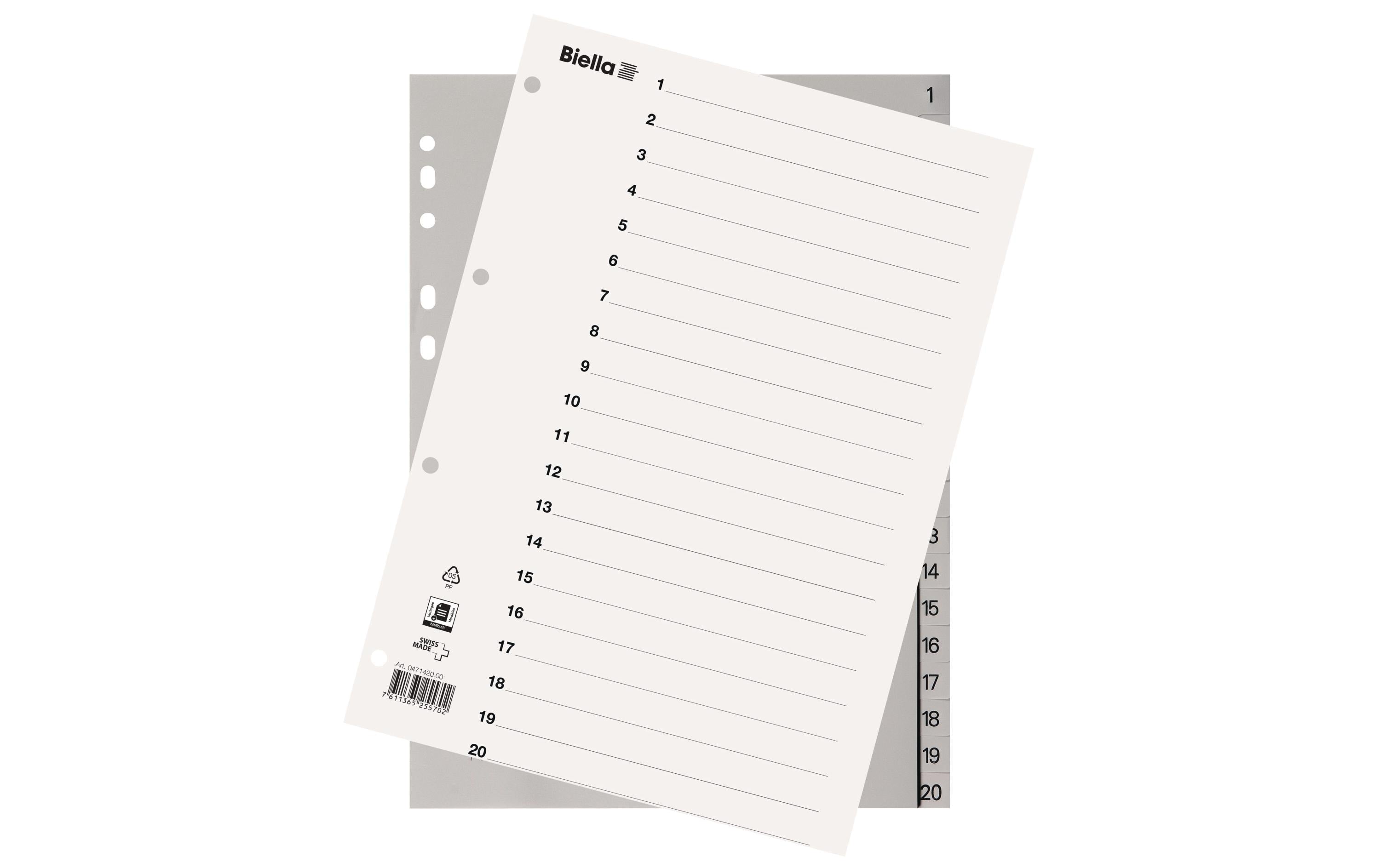 Biella Register Vollformat aus Kunststoff 1-20, A4, 4 Loch, 1 Stück