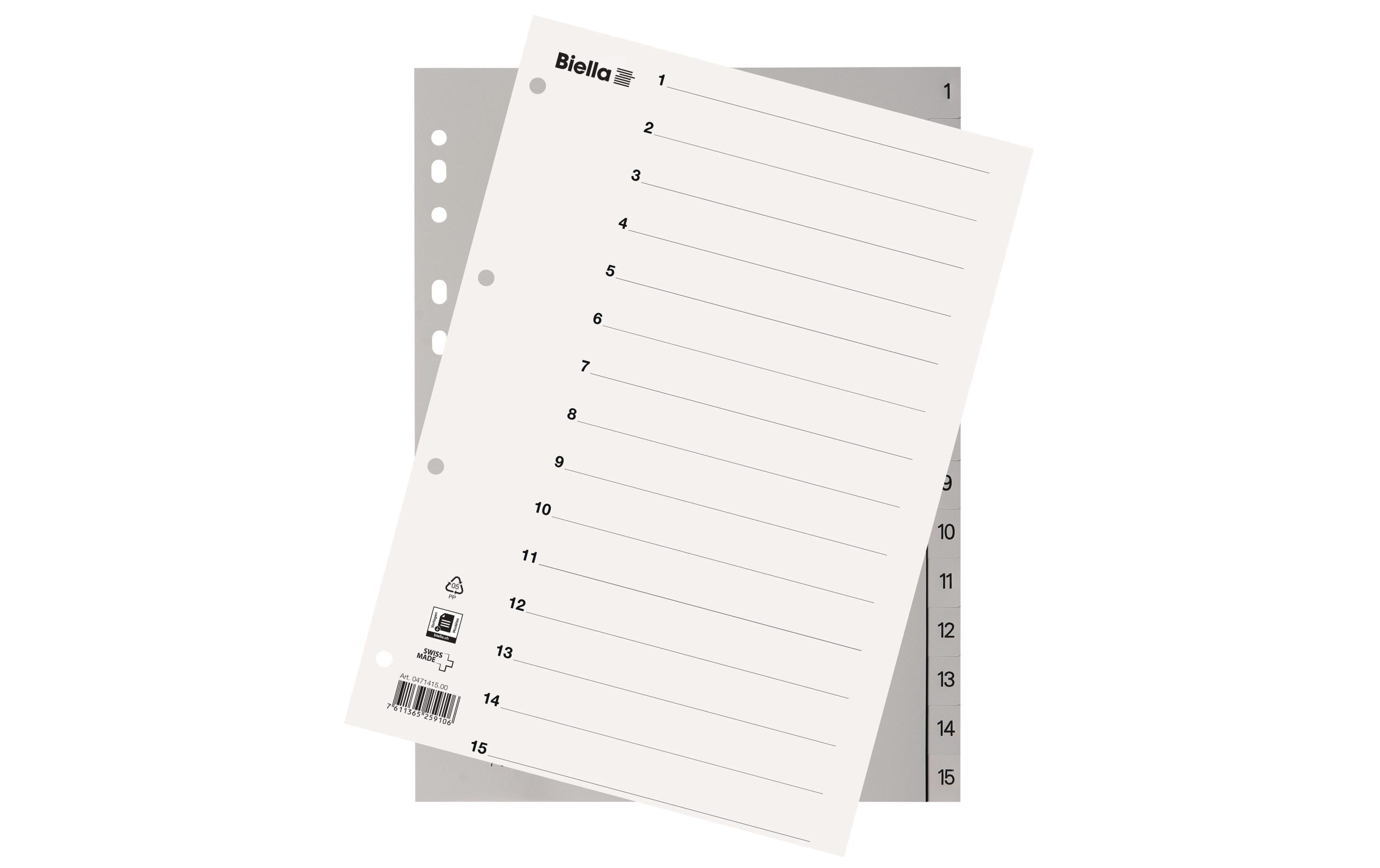 Biella Register Vollformat aus Kunststoff 1-15, A4, 4 Loch, 1 Stück