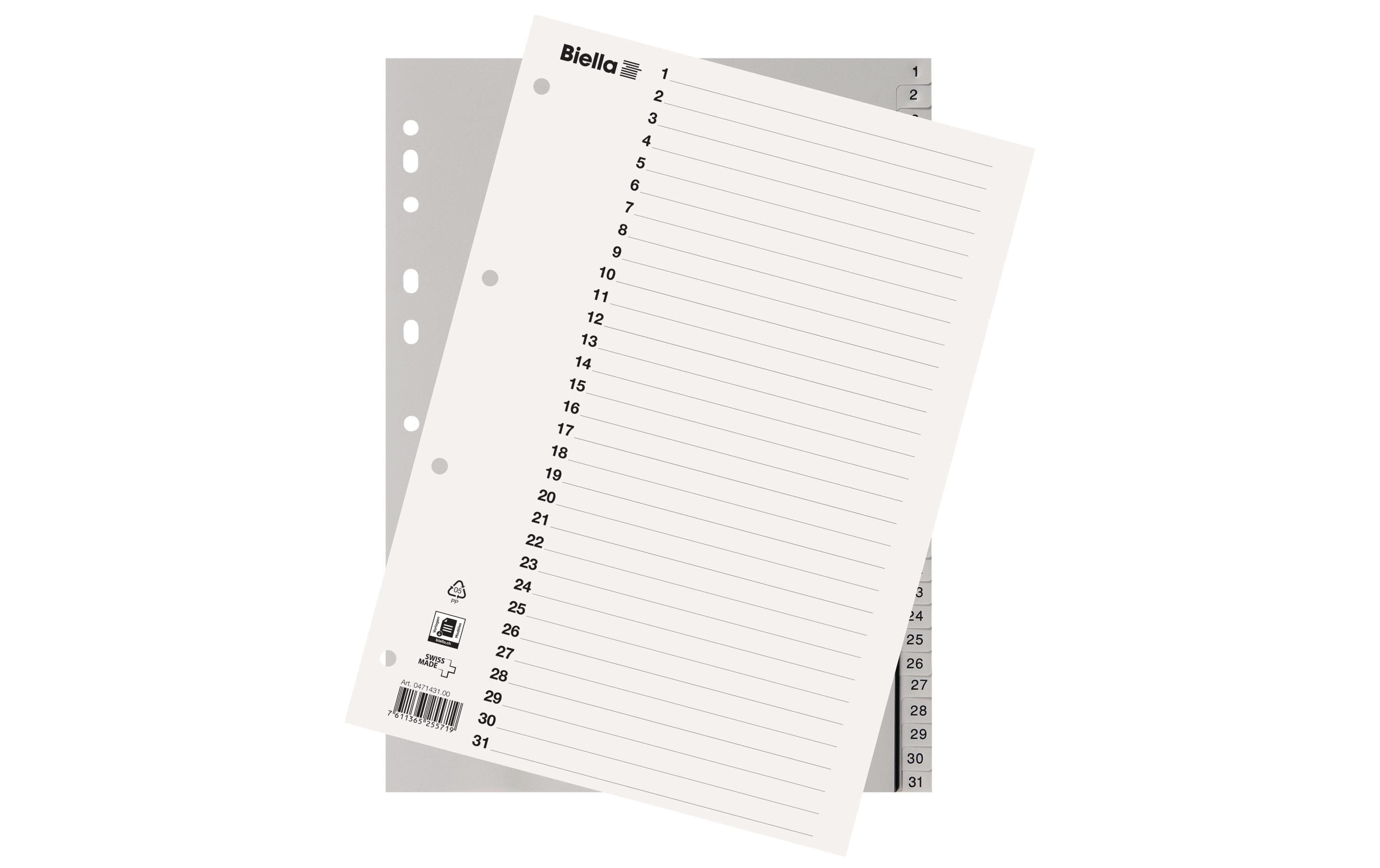 Biella Register Vollformat aus Kunststoff 1-31, A4, 4 Loch, 1 Stück