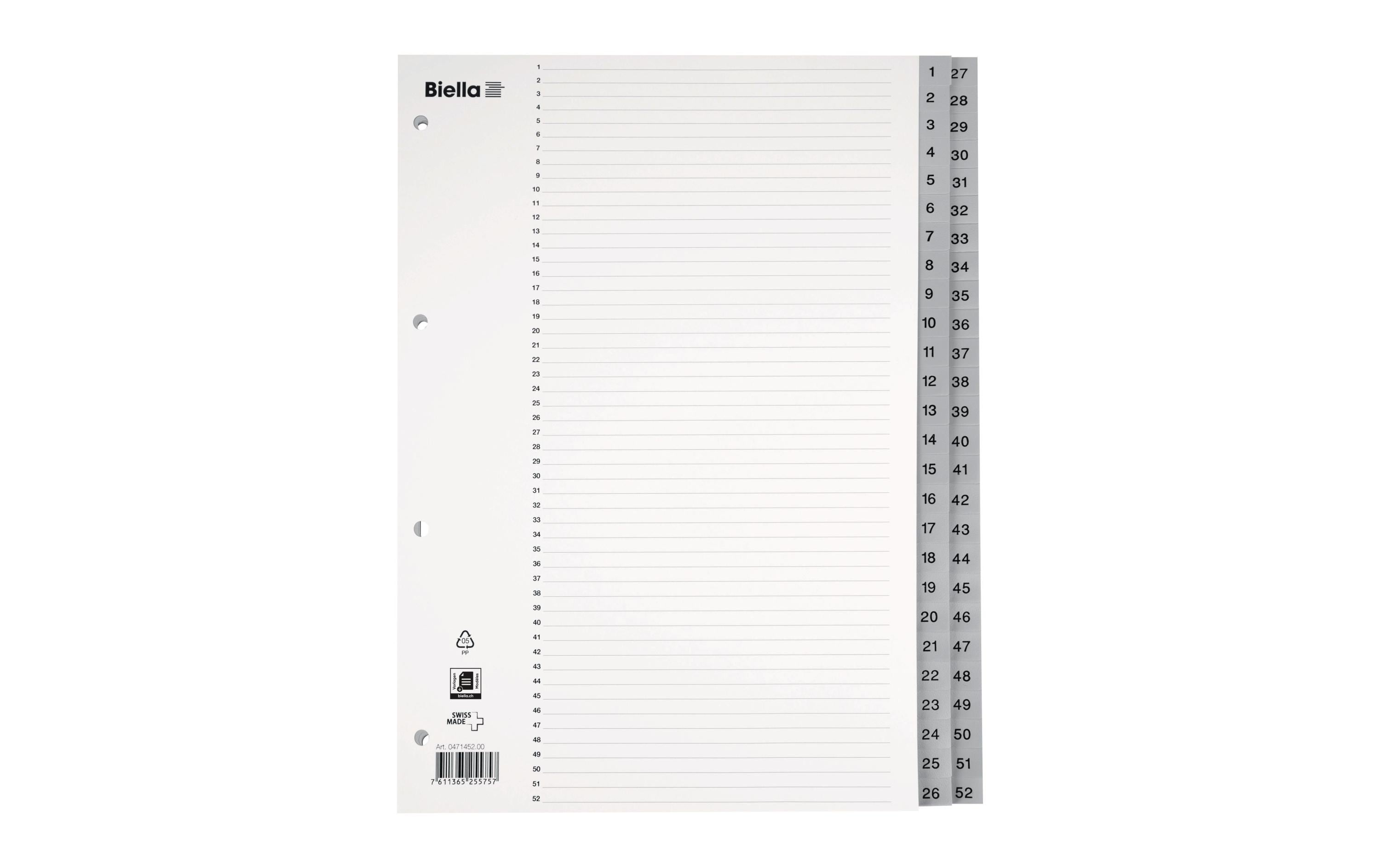 Biella Register Vollformat aus Kunststoff 1-52, A4, 4 Loch, 1 Stück