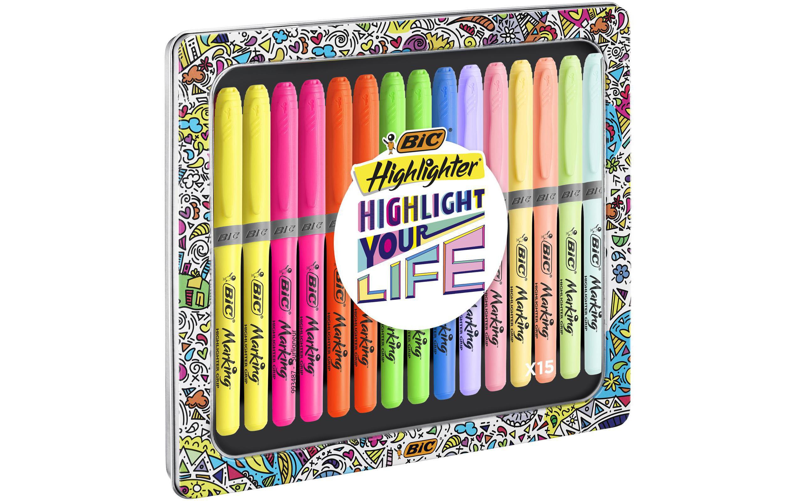 Bic Highlighter Grip Collection Box assortiert, Metallbox15 Stück