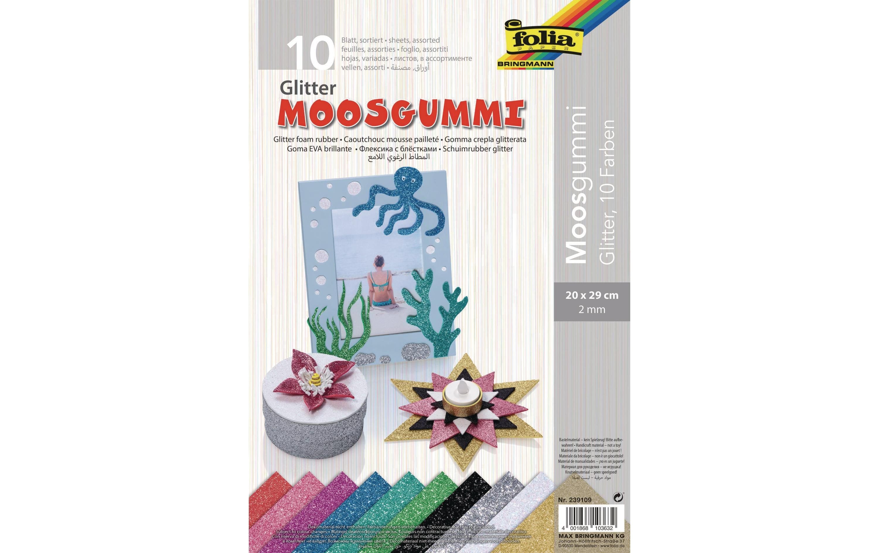Folia Moosgummi Glitter nicht selbstklebend, 10 Bogen, 20 x 29 cm