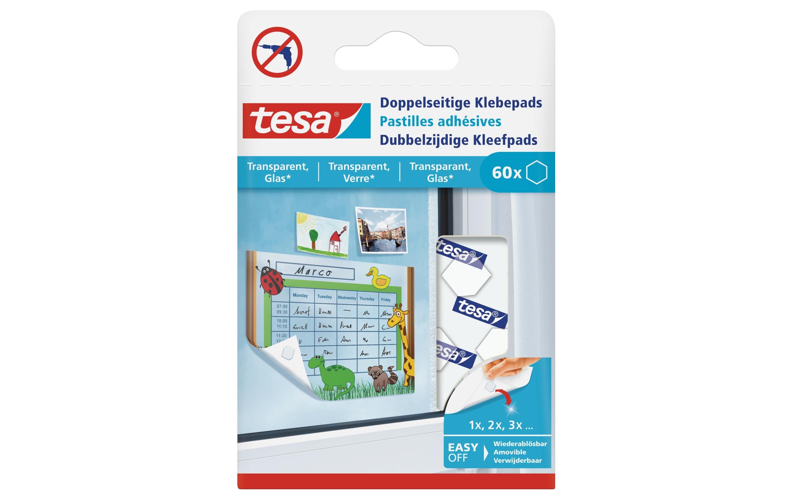 Tesa Doppelseitige Klebepads transparent Glas, 60 Stück