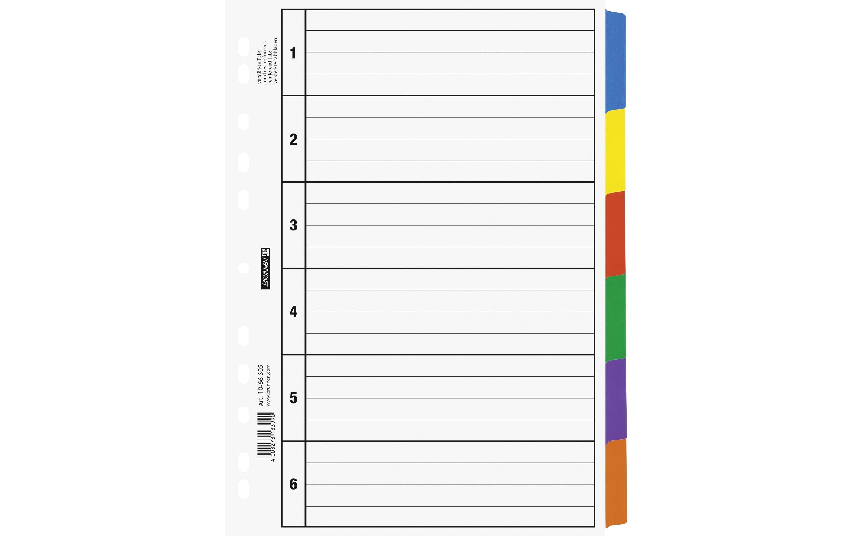 Brunnen Register A4 6-teilig, 6 Farben, verstärkte Tabs