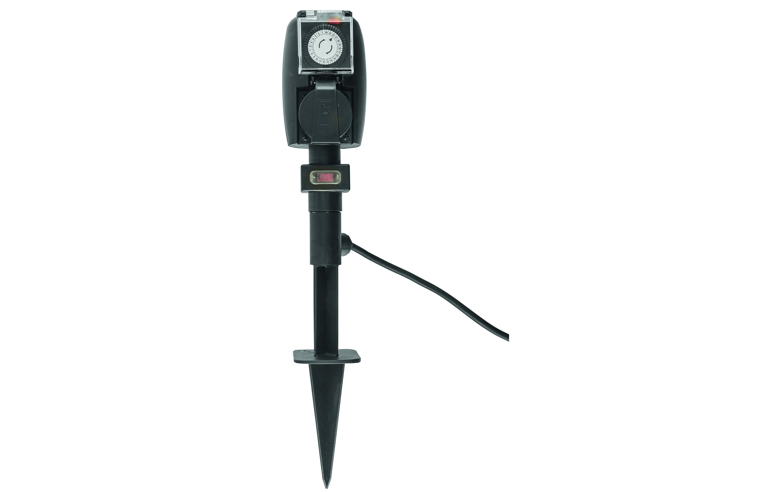 GardenLine Steckdosen-Erdpfahl 2xT13, Timer Klappdeckel, Schalter