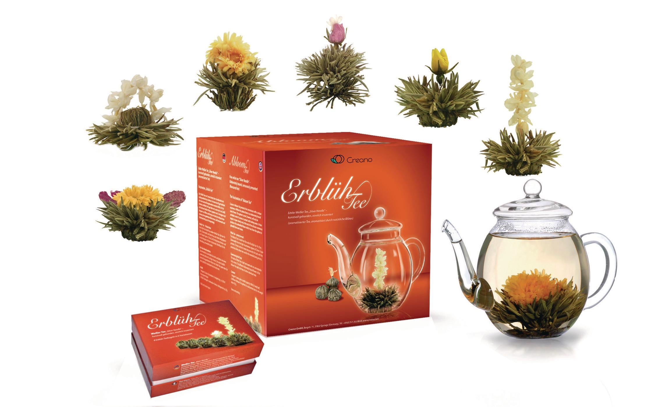 Creano Erblühtee Weisser Tee Geschenkset 6 Teeblumen, 1 Creano Teekanne