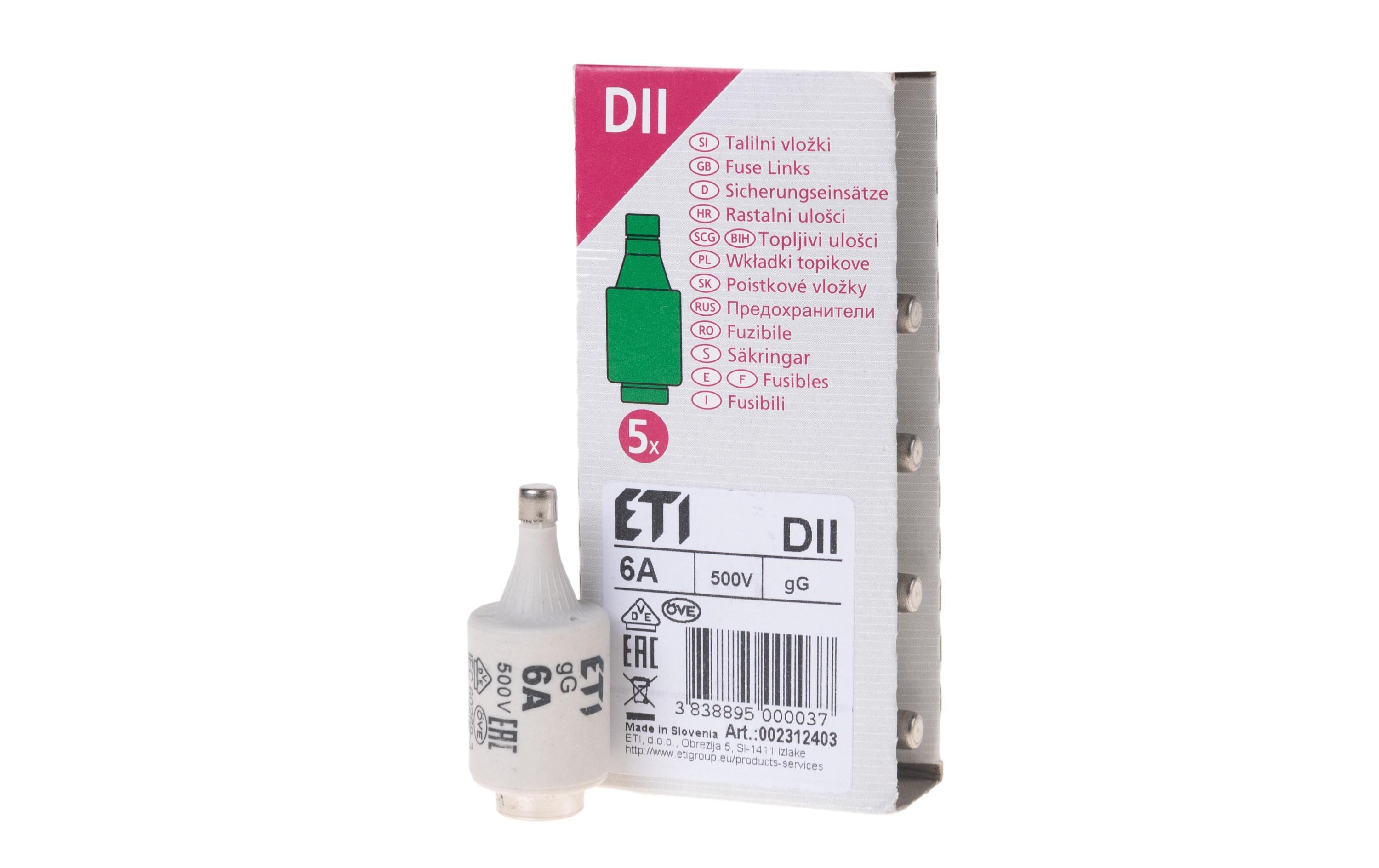 Sicherungseinsätze DT II 6A träge, 5 Stück