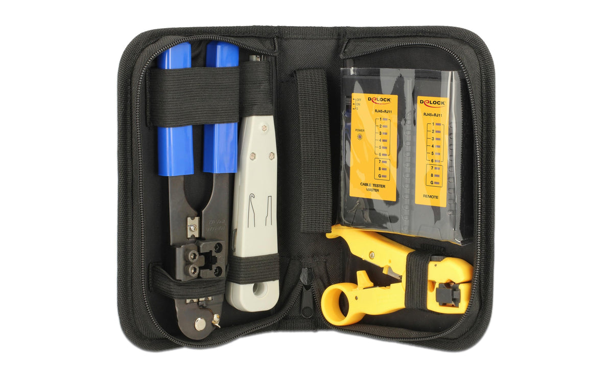 Delock Netzwerk Prüf&Montagekit RJ45/RJ12 Tester, Crimzange, Abisolier,LSA
