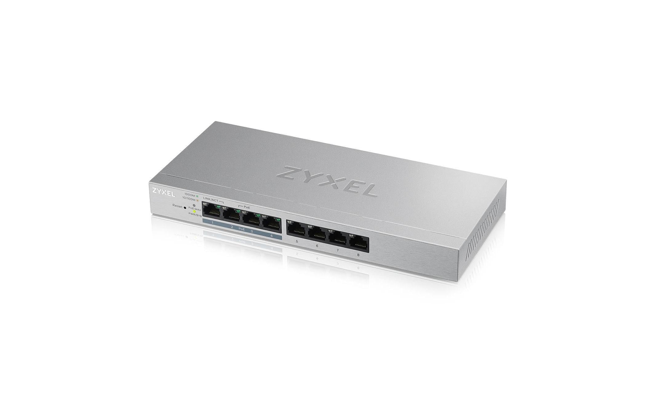 ZyXEL GS1200-8HP: 8Port-PoE+-Switch, V2 lüfterlos, 4xPoE+, max. 60 Watt