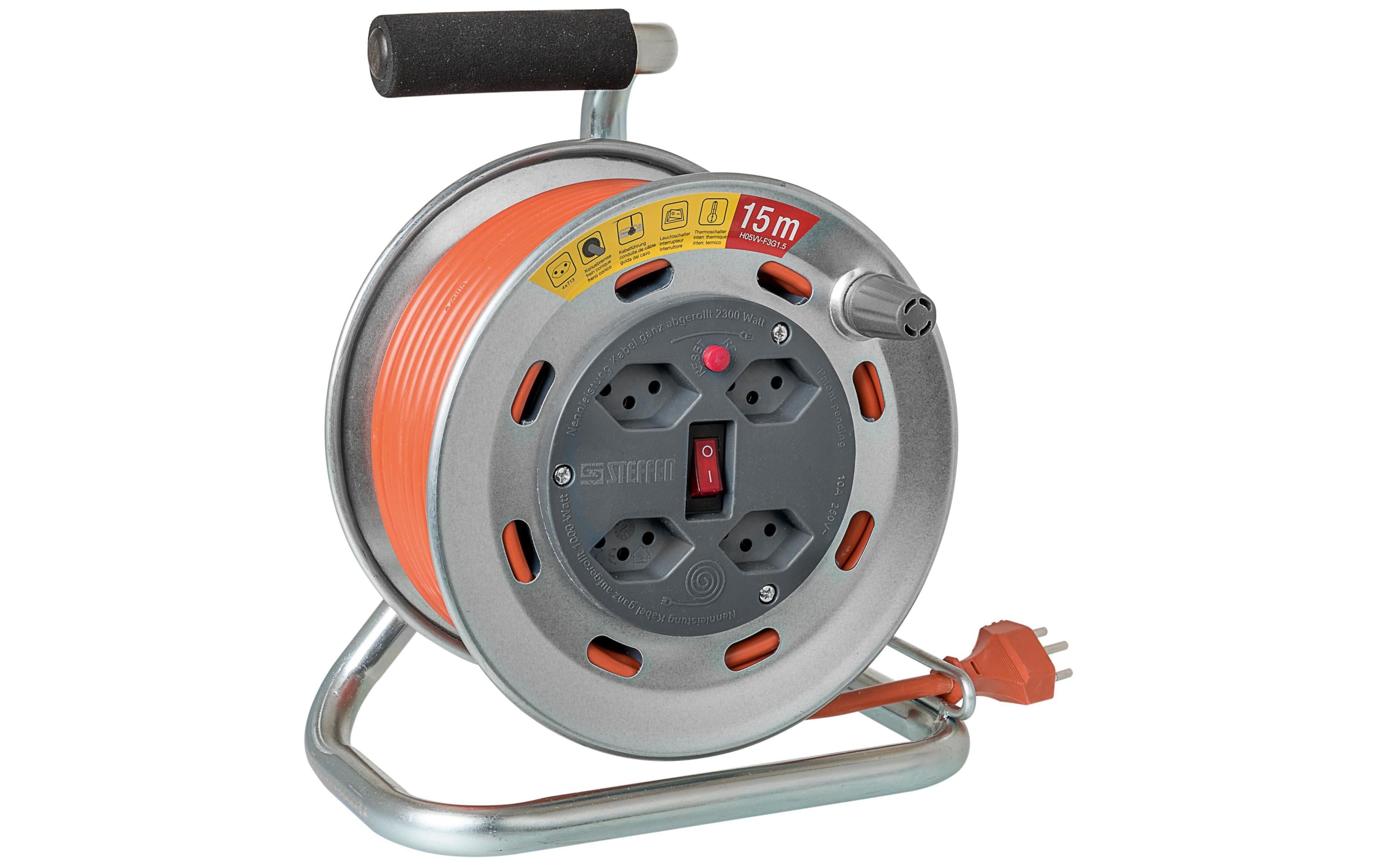 STEFFEN STERO LOOP Kabelrolle 15m Metall 4xT13, Td3x1mm2, Thermoschutz, Konusbremse