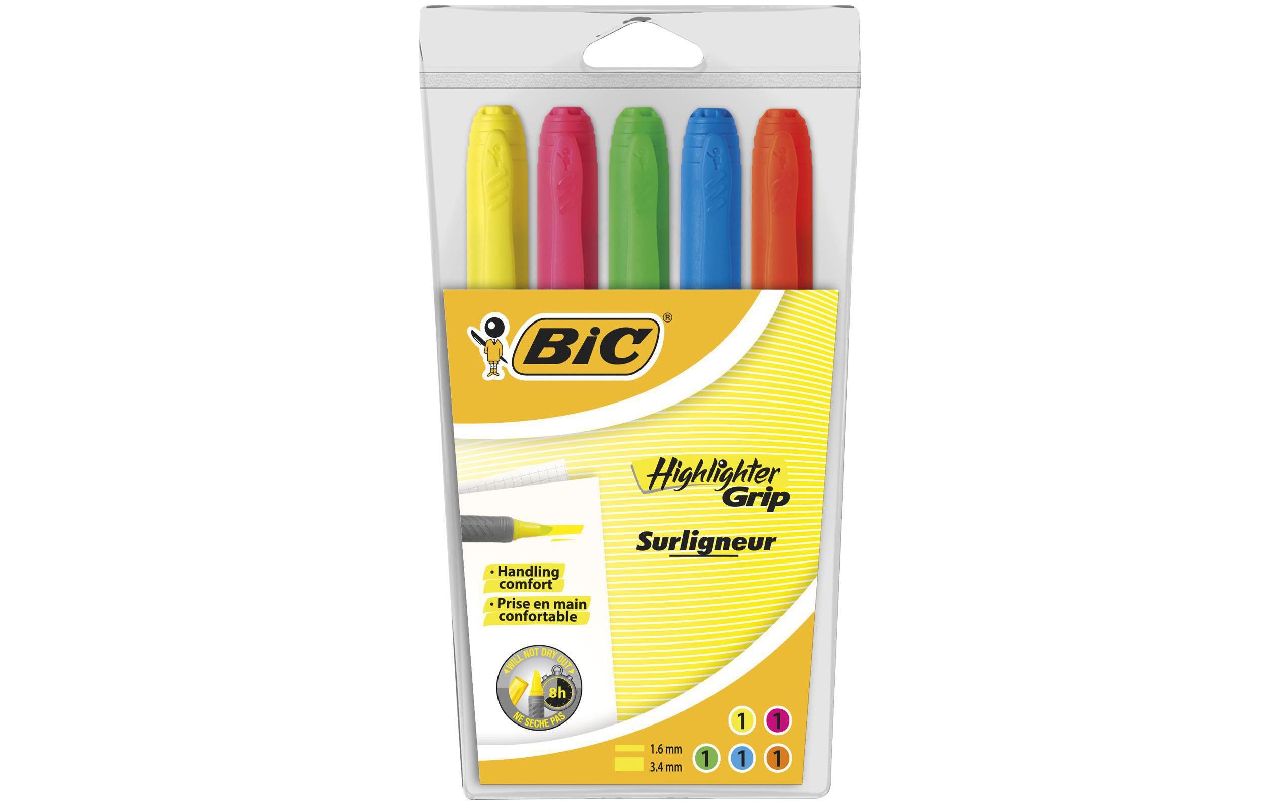 Bic Highlighter Grip Leuchtstift assortiert, 5 Stück