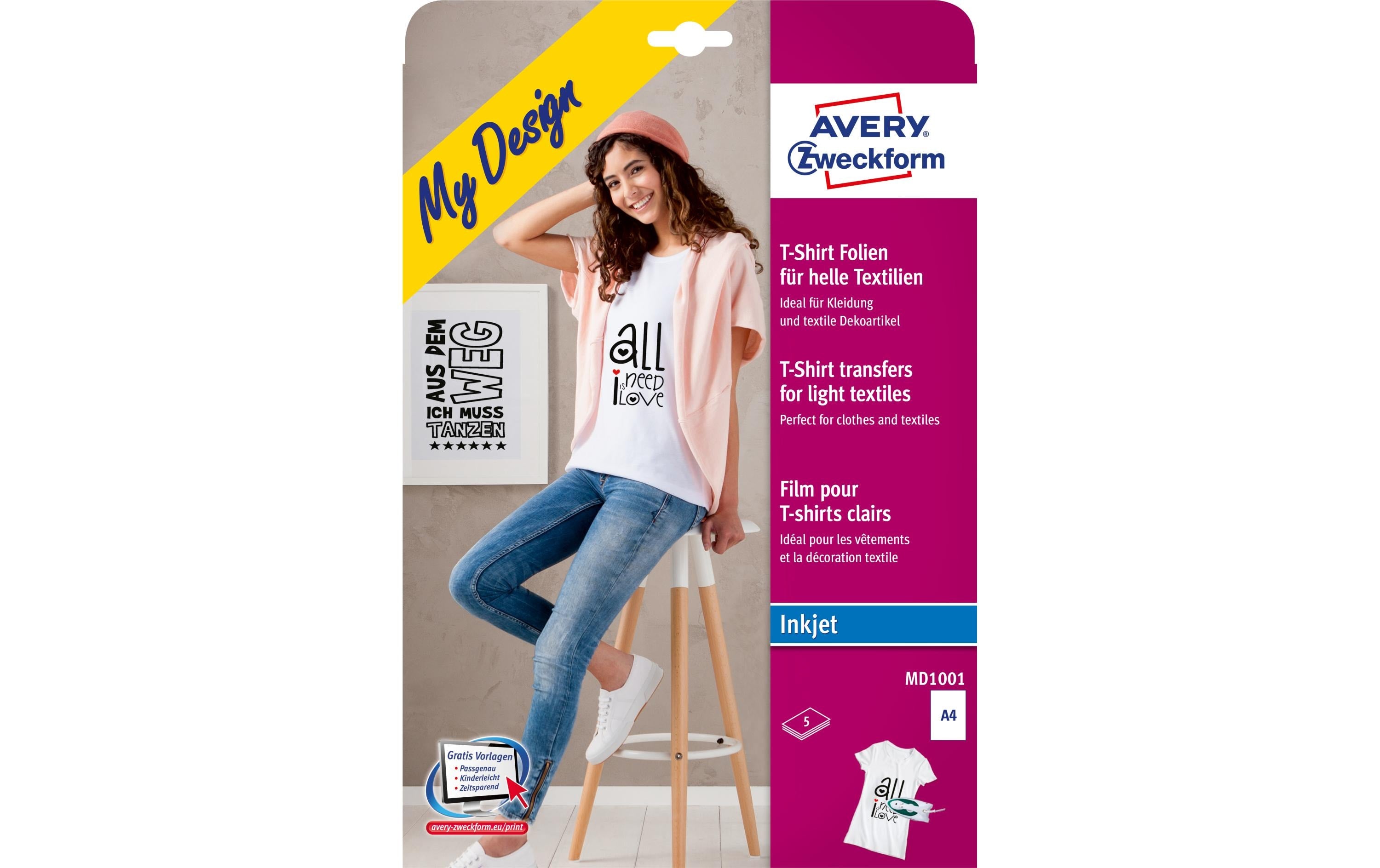 Avery Zweckform Textilfolie A4, 5 Blatt, für helle Textilien