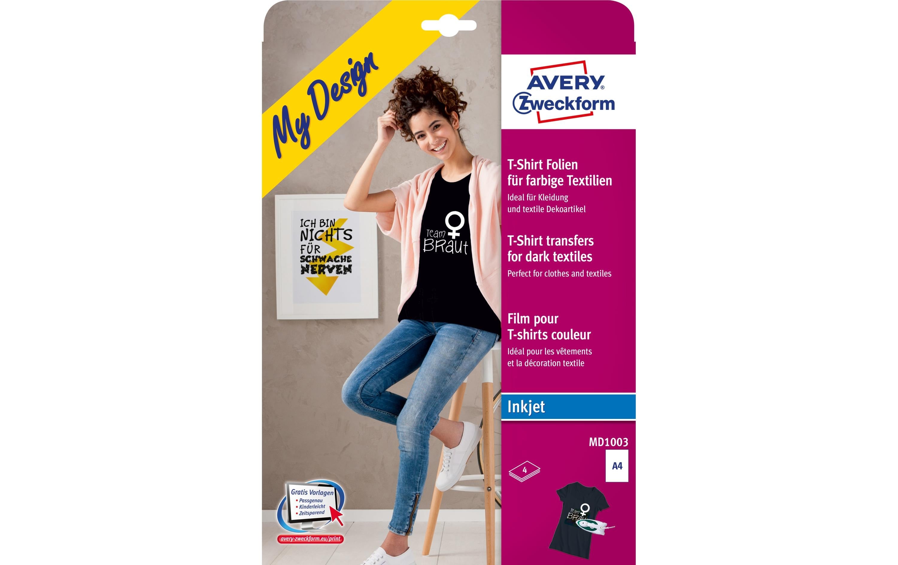 Avery Zweckform Textilfolie A4, 4 Blatt, für farbige Textilien