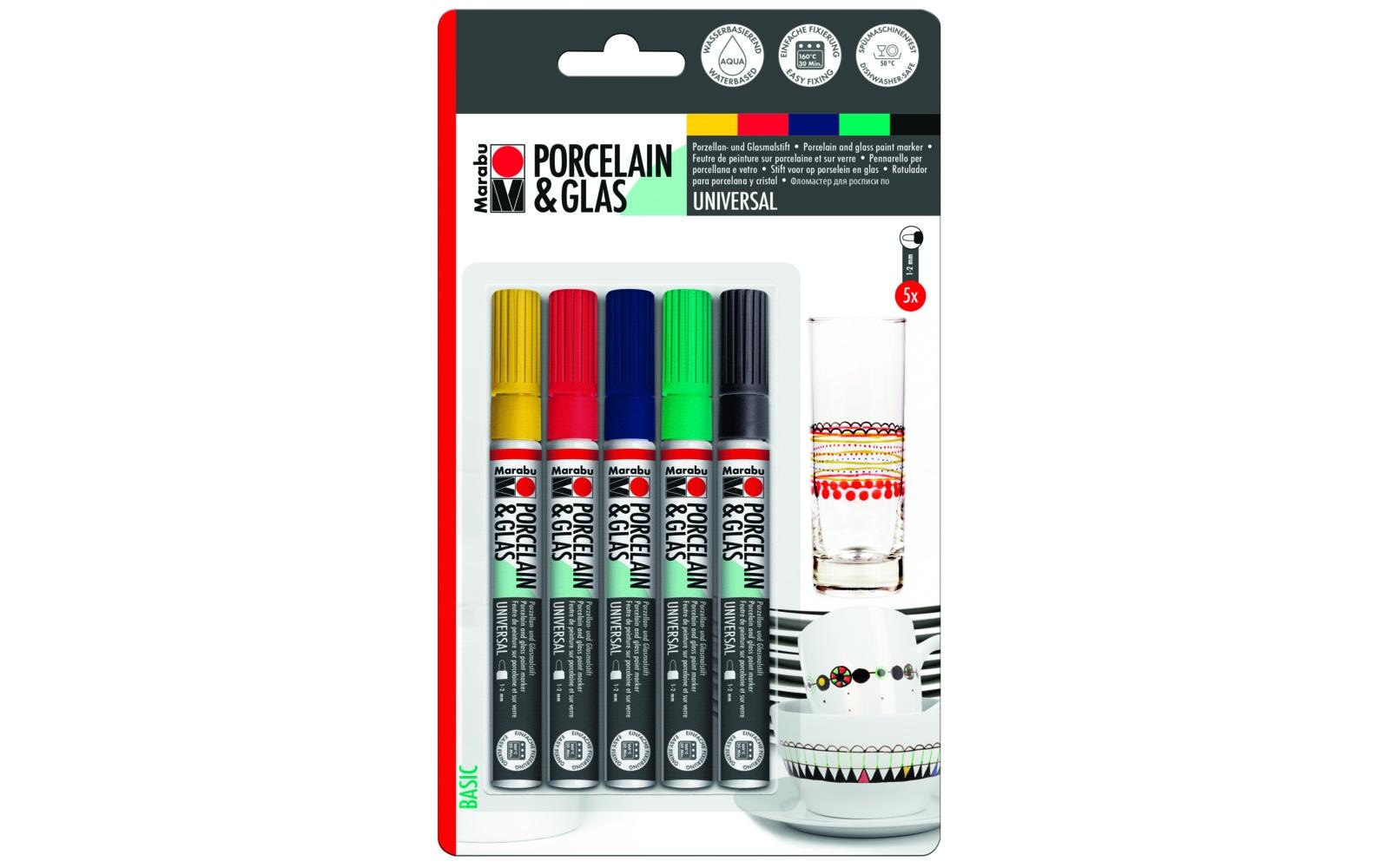 Marabu Porzellan- und Glasmalstift 5 Stifte mit Spitze 1-2 mm, Basic