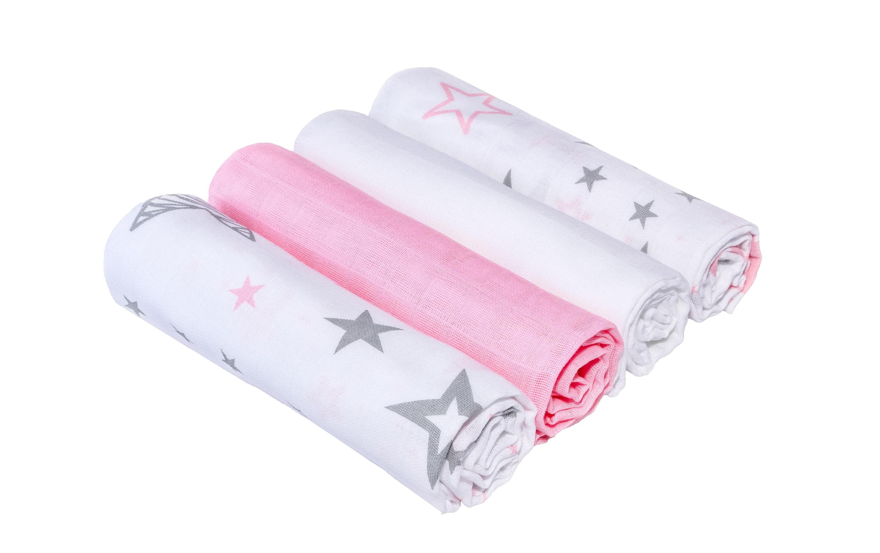 Makian Mulltücher 80x80cm 4er Pack, Rosa & Weiss Sterne