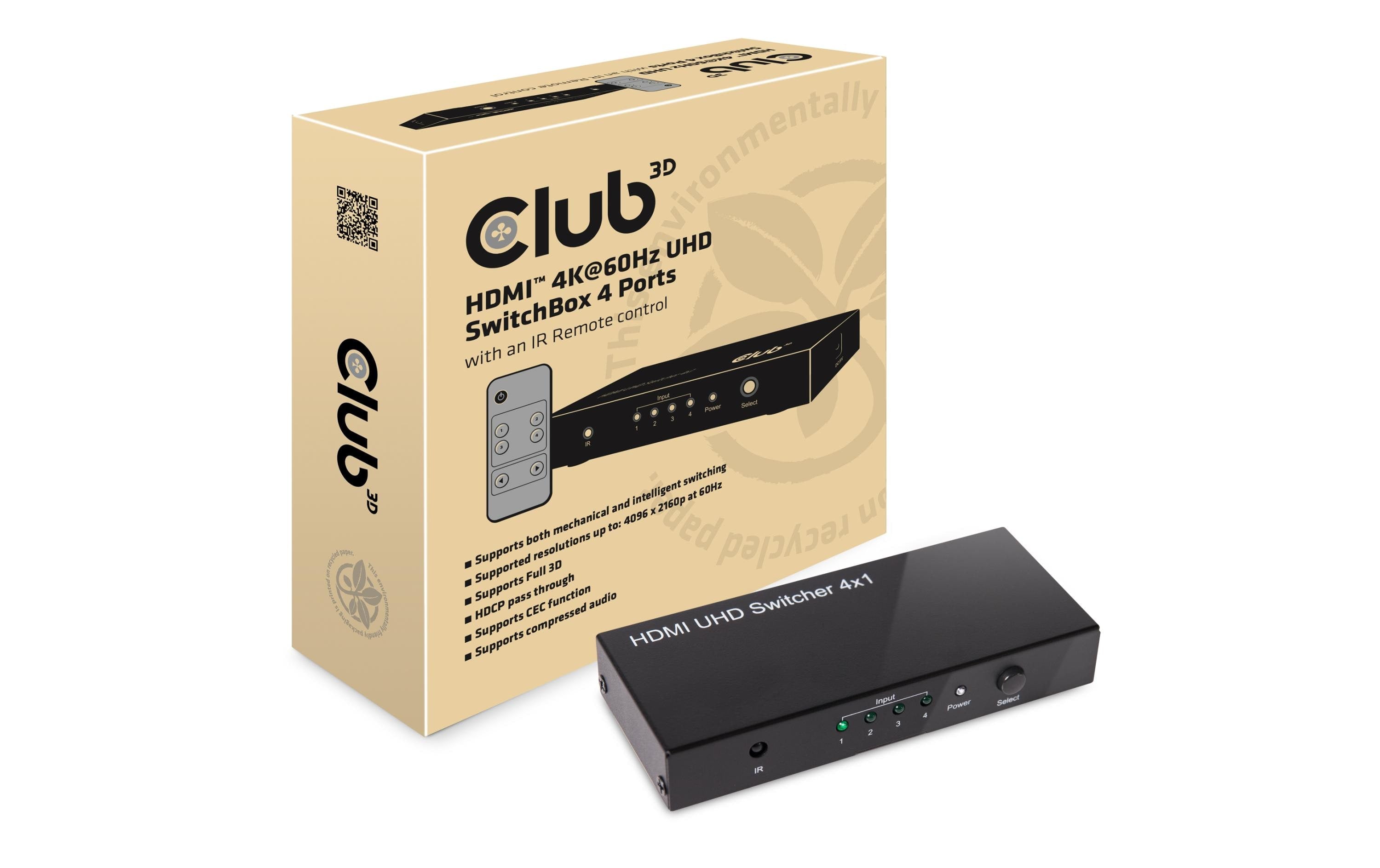 Club 3D, HDMI 2.0 UHD Switchbox 4 Port 4K60Hz